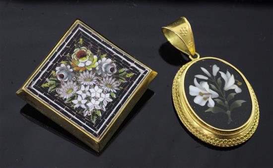 A Victorian gold mounted pietra dura oval pendant locket & micro mosaic brooch.